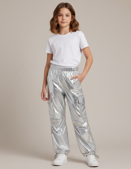 Pantalon Cargo Métallisé Argent Ample Fille Brillant - Argenté Polyester