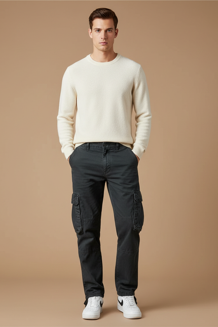 Pantalon Cargo Gris Foncé Coton Multipoches Décontracté