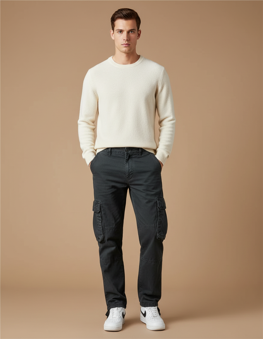 Pantalon Cargo Gris Foncé Coton Multipoches Décontracté