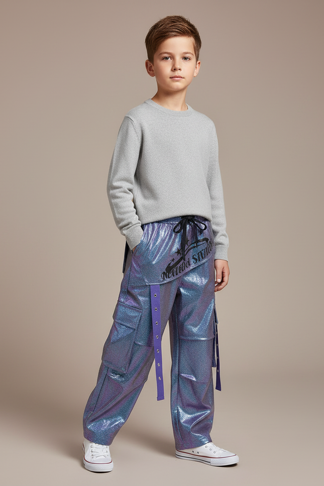 Pantalon Cargo Irisé Ample Violet Streetwear Garçon - Simili cuir