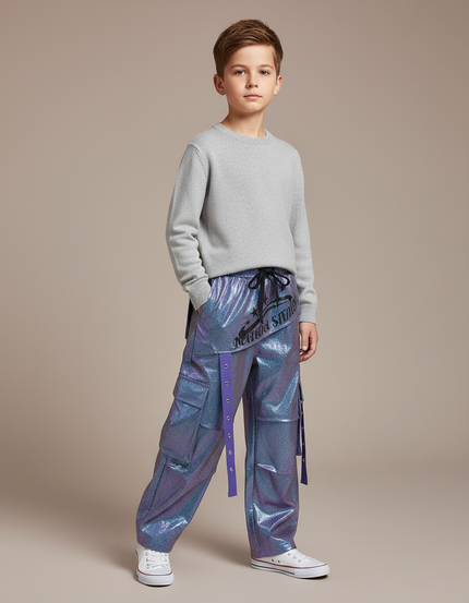 Pantalon Cargo Irisé Ample Violet Streetwear Garçon - Simili cuir