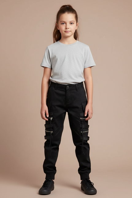 Pantalon Cargo Noir Fille Multipoches Zippées - Toile