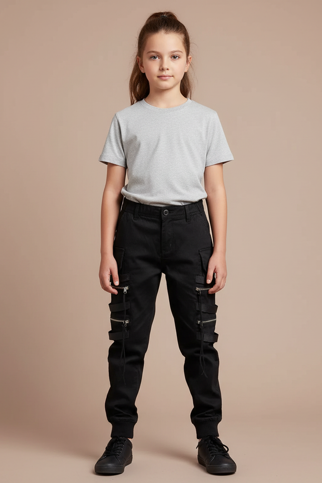 Pantalon Cargo Noir Fille Multipoches Zippées - Toile