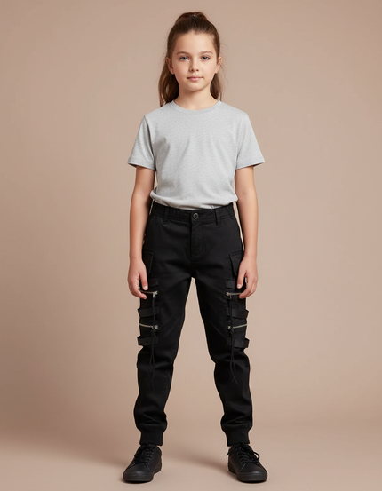 Pantalon Cargo Noir Fille Multipoches Zippées - Toile