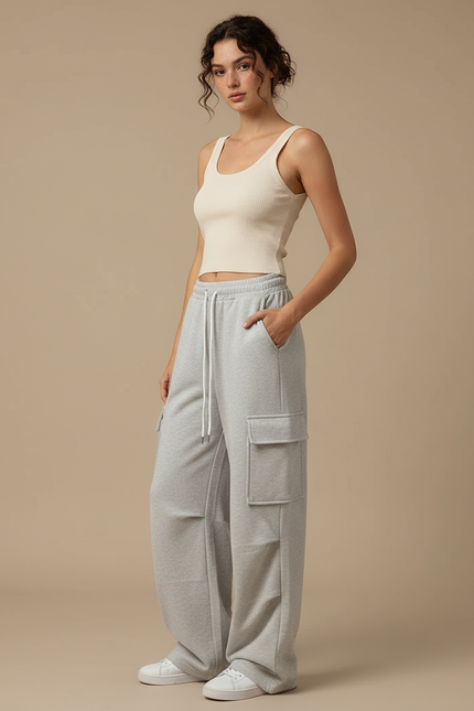 Pantalon Cargo Gris Ample Molletonné Décontracté Femme