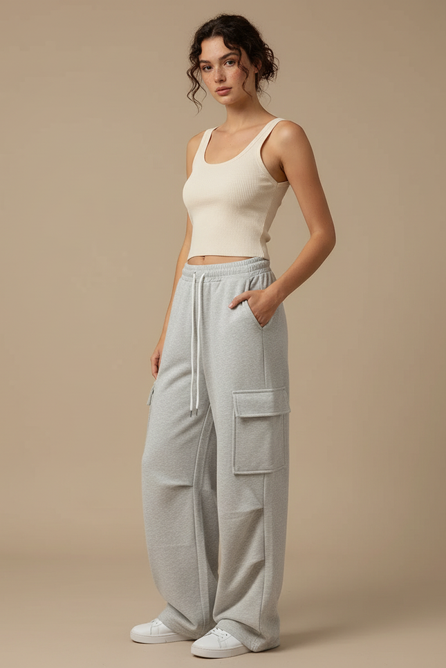 Pantalon Cargo Gris Ample Molletonné Décontracté Femme
