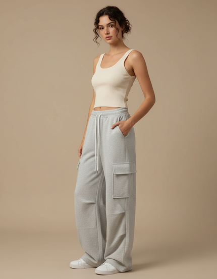 Pantalon Cargo Gris Ample Molletonné Décontracté Femme