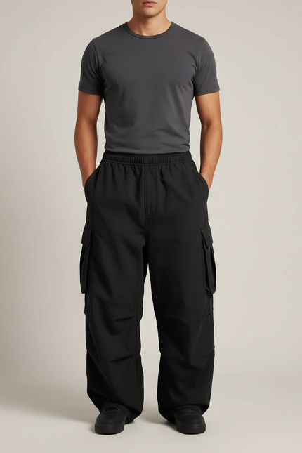 Pantalon Cargo Noir Ample Multipoches Décontracté Homme - Polyester