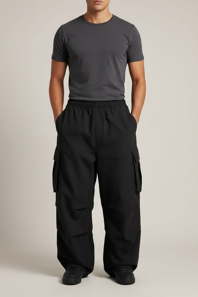 Pantalon Cargo Noir Ample Multipoches Décontracté Homme - Polyester