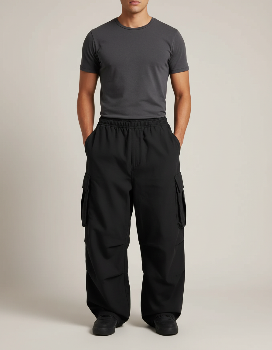 Pantalon Cargo Noir Ample Multipoches Décontracté Homme - Polyester
