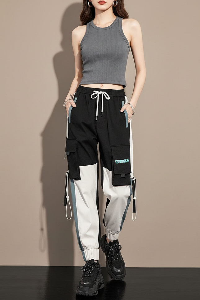 Pantalon Cargo Bicolore Ample Décontracté Multipoches Femme - Multicolore Toile