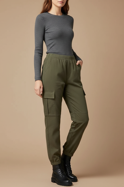 Pantalon Cargo Vert Militaire Femme Taille Haute Élastique - Kaki Gabardine