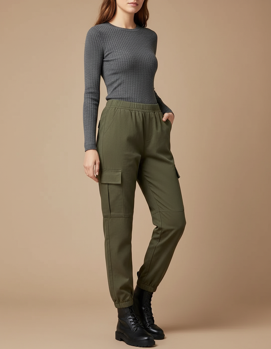 Pantalon Cargo Vert Militaire Femme Taille Haute Élastique - Kaki Gabardine
