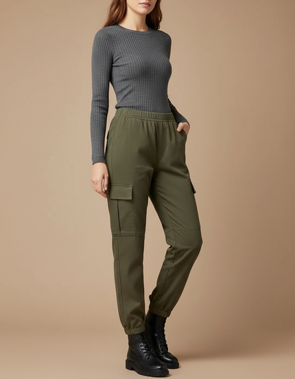 Pantalon Cargo Vert Militaire Femme Taille Haute Élastique - Kaki Gabardine