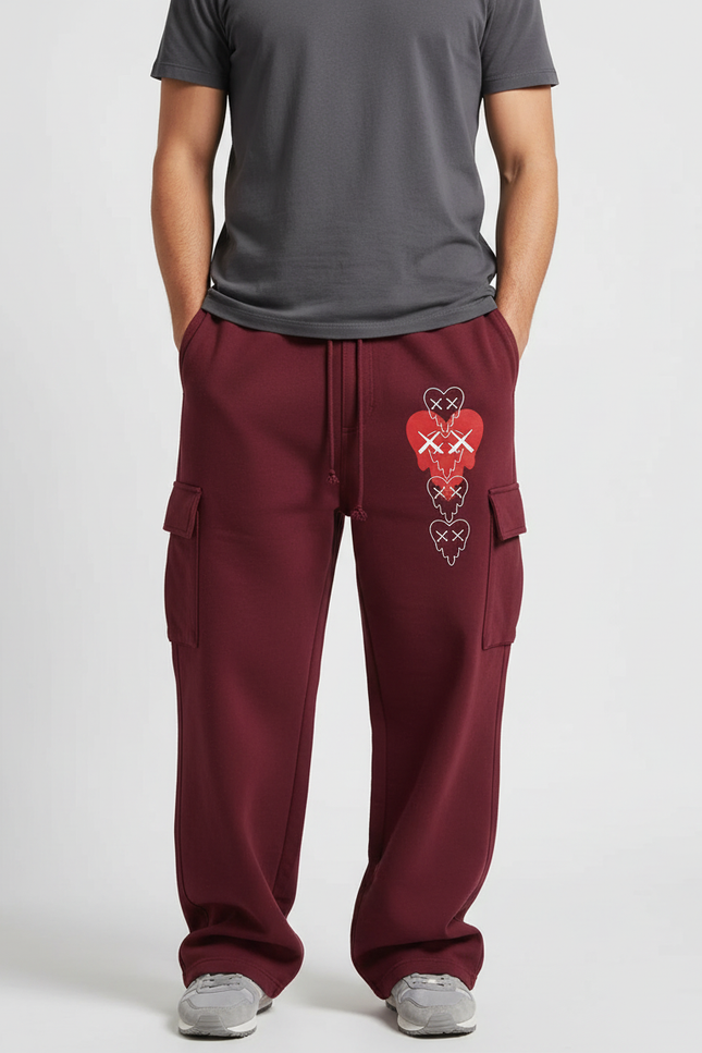 Pantalon Cargo Bordeaux Ample Molleton Motif Cœurs Décontracté