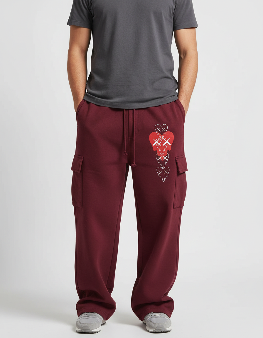 Pantalon Cargo Bordeaux Ample Molleton Motif Cœurs Décontracté