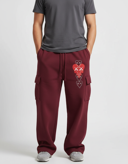 Pantalon Cargo Bordeaux Ample Molleton Motif Cœurs Décontracté