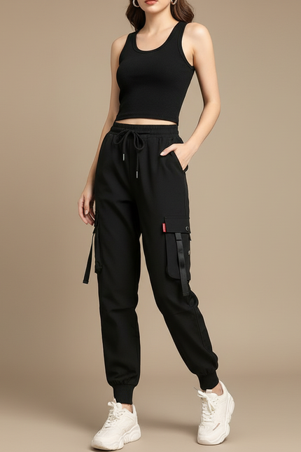 Pantalon Cargo Noir Ample Multipoches Décontracté - Polyester