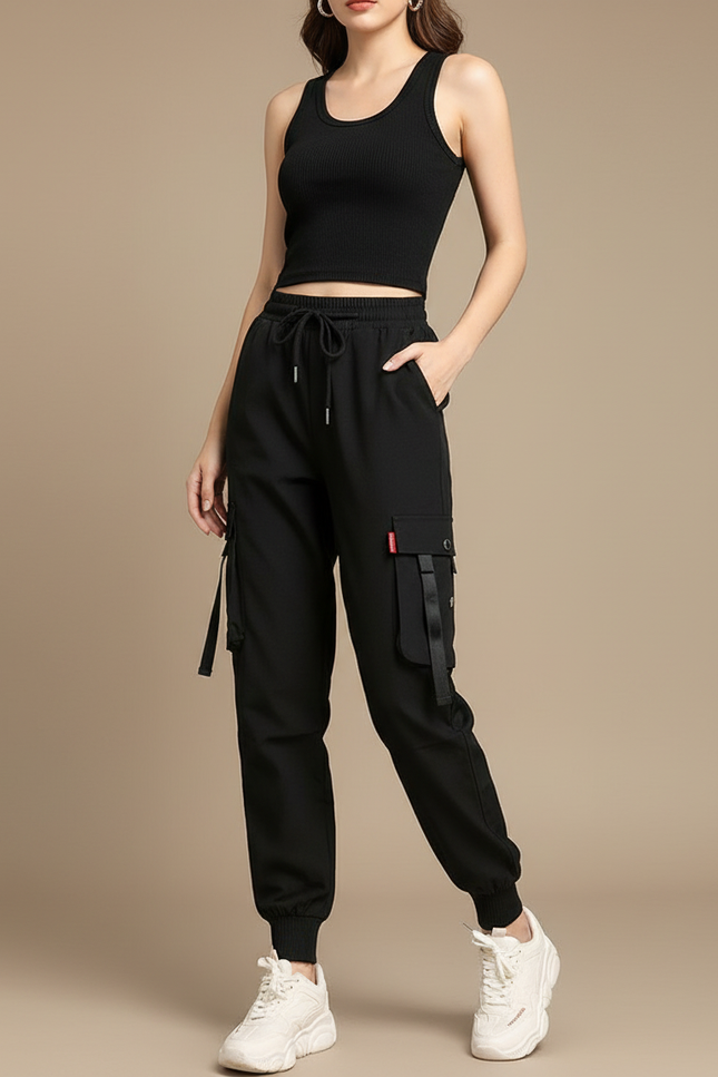 Pantalon Cargo Noir Ample Multipoches Décontracté - Polyester