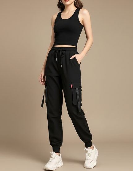 Pantalon Cargo Noir Ample Multipoches Décontracté - Polyester