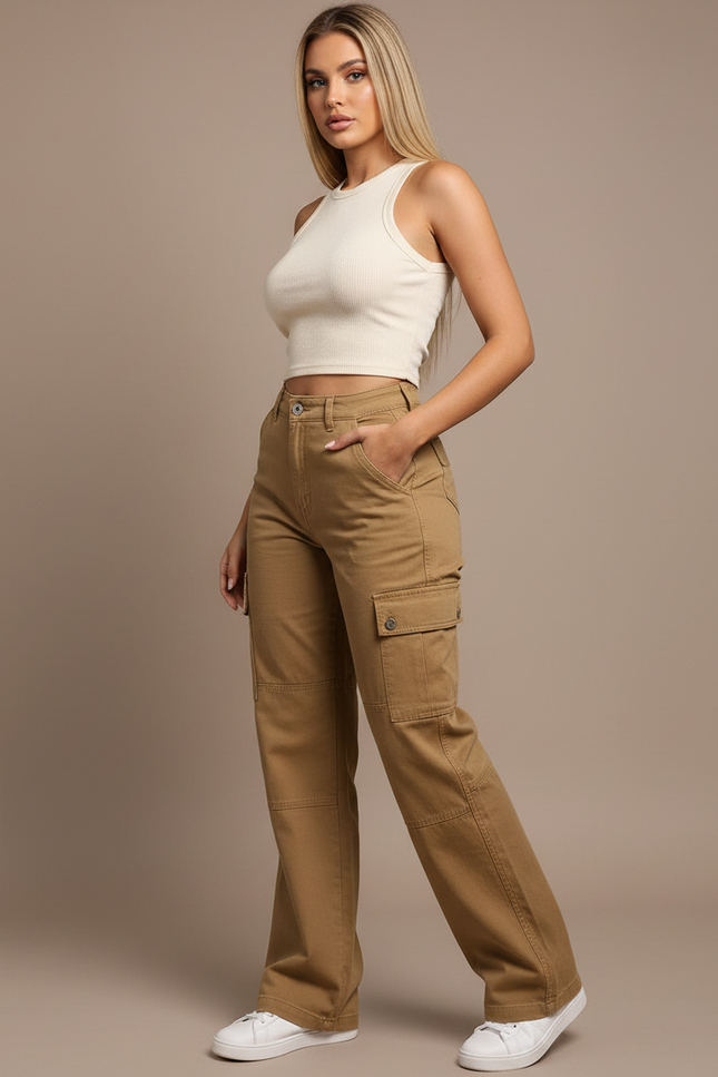Pantalon Cargo Marron Droit Ample Multipoches Décontracté - Kaki Toile