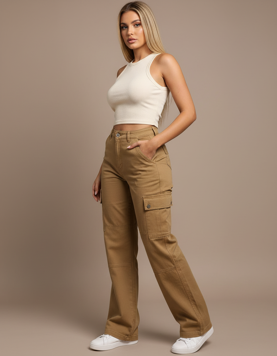 Pantalon Cargo Marron Droit Ample Multipoches Décontracté - Kaki Toile
