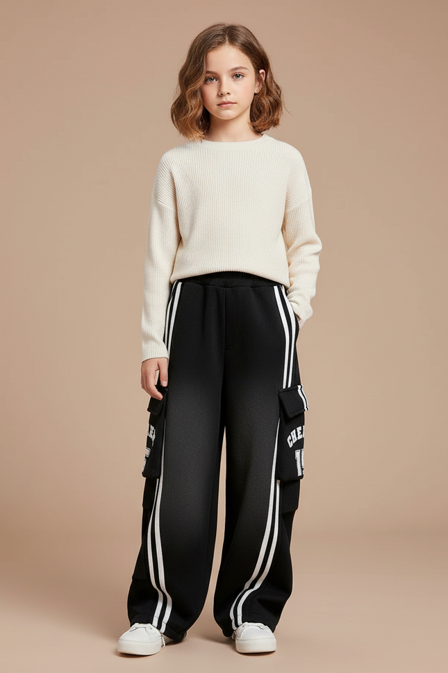 Pantalon Cargo Noir Rayures Blanches Ample Fille - Molleton
