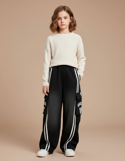 Pantalon Cargo Noir Rayures Blanches Ample Fille - Molleton