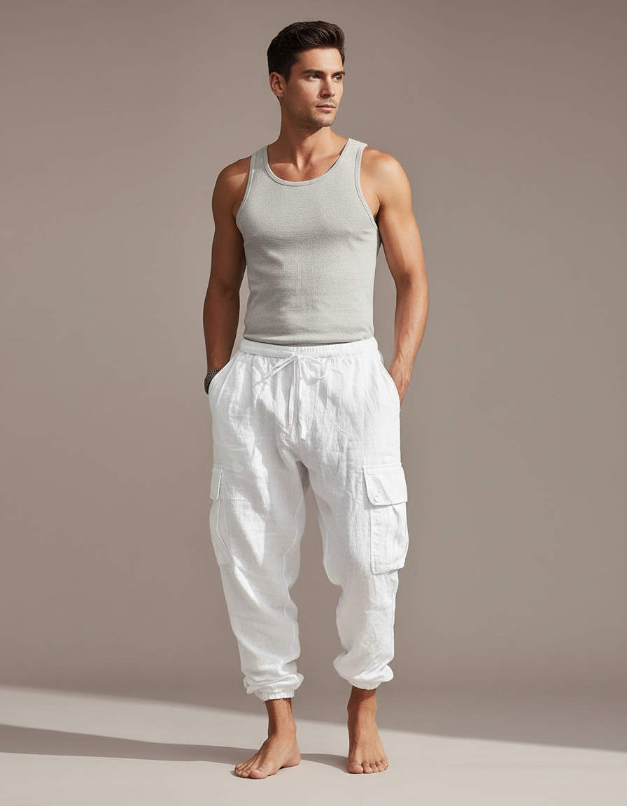 Pantalon Cargo Blanc Lin Ample Multi-Poches Homme