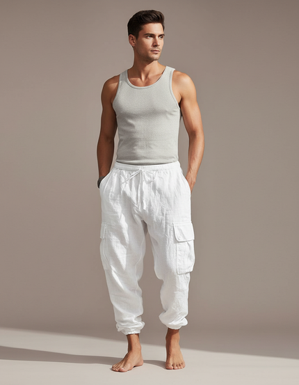 Pantalon Cargo Blanc Lin Ample Multi-Poches Homme