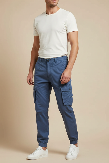 Pantalon Cargo Homme Bleu Coton Décontracté Jogger Multi-Poches - Gabardine