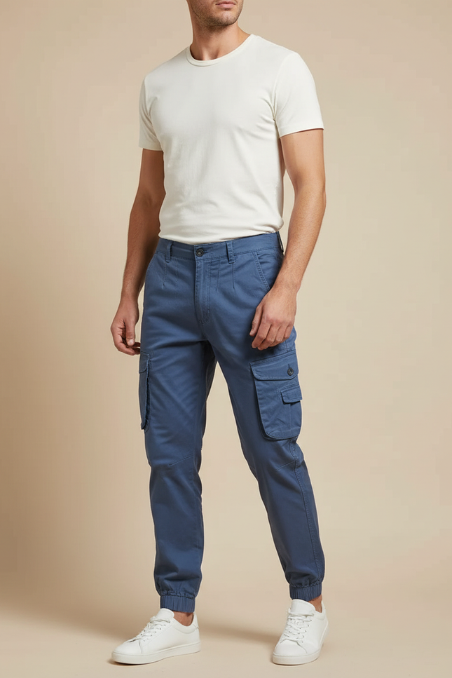 Pantalon Cargo Homme Bleu Coton Décontracté Jogger Multi-Poches - Gabardine
