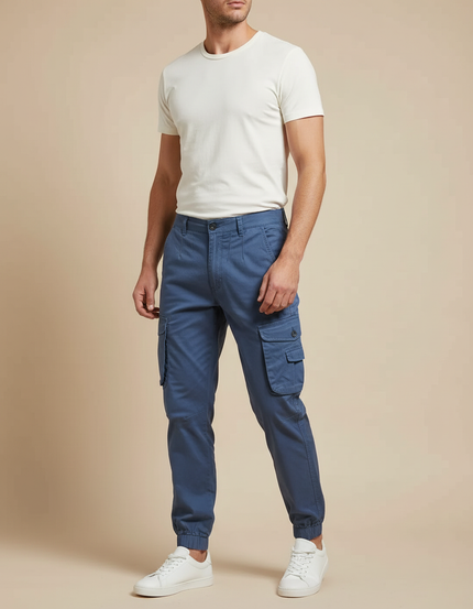 Pantalon Cargo Homme Bleu Coton Décontracté Jogger Multi-Poches - Gabardine