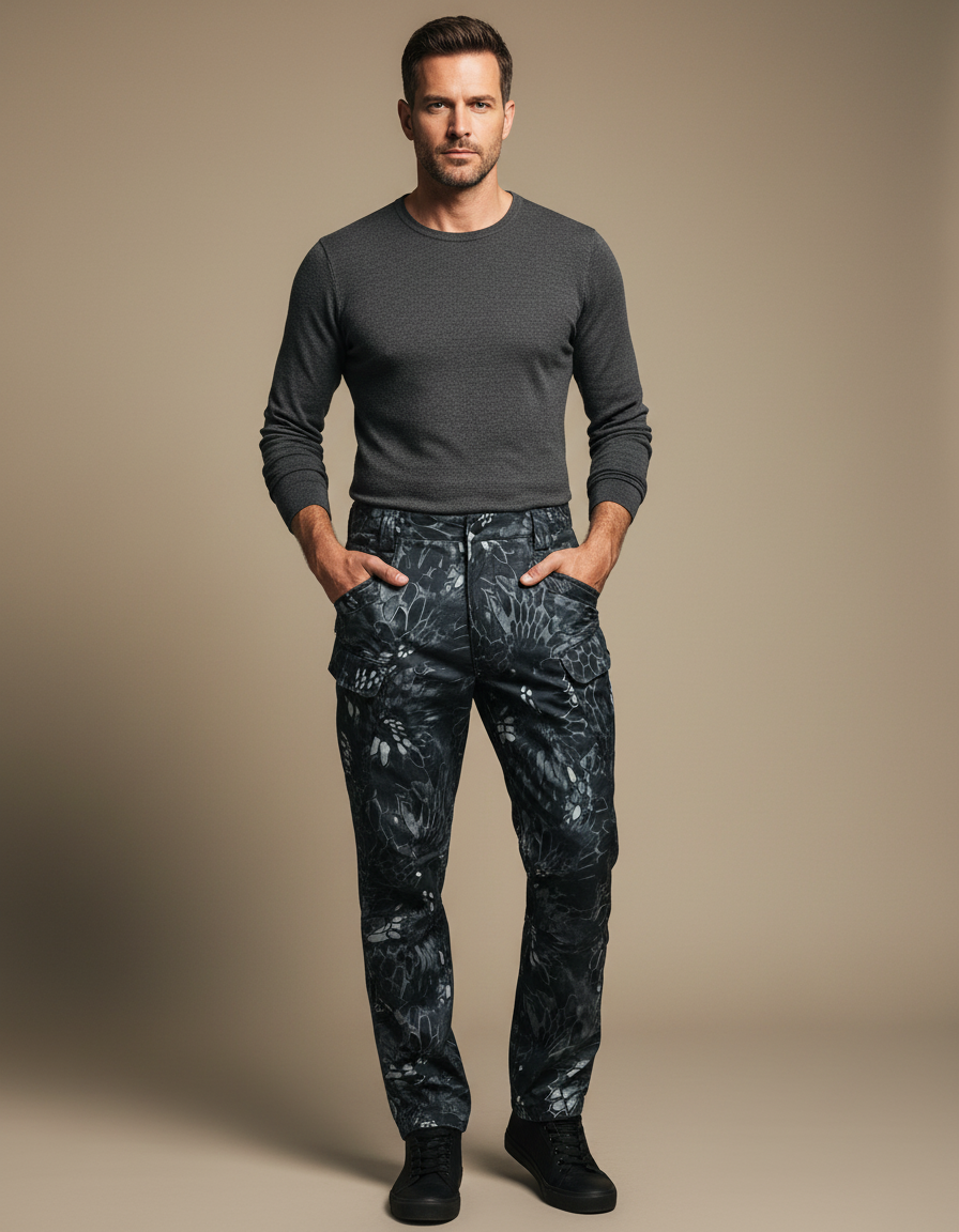 Pantalon Cargo Camouflage Noir Tactique Ample Multipoches Homme - Imprimé Polyester