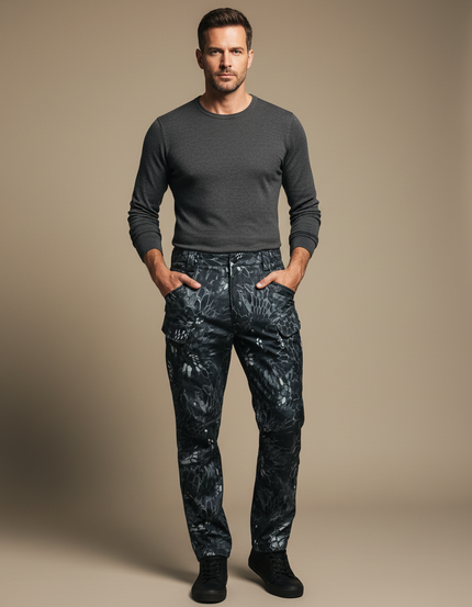 Pantalon Cargo Camouflage Noir Tactique Ample Multipoches Homme - Imprimé Polyester