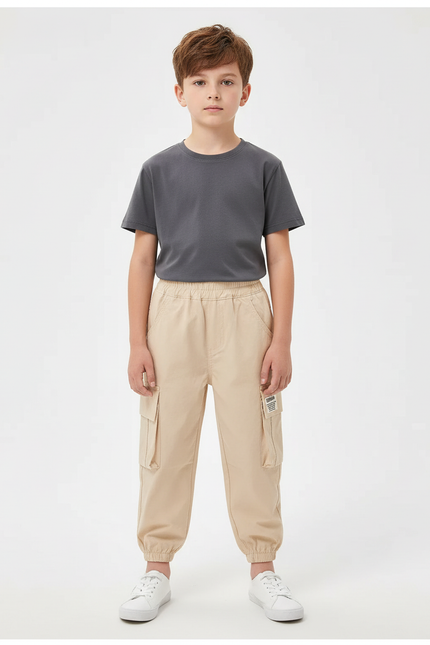 Pantalon Cargo Beige Ample Poches Garçon Décontracté - Gabardine
