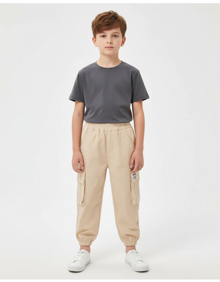 Pantalon Cargo Beige Ample Poches Garçon Décontracté - Gabardine