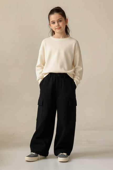 Pantalon Cargo Noir Ample Polaire Poches Enfant - Molleton