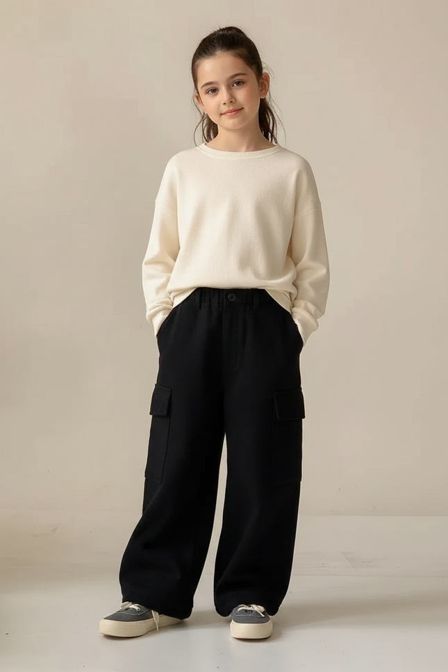 Pantalon Cargo Noir Ample Polaire Poches Enfant - Molleton