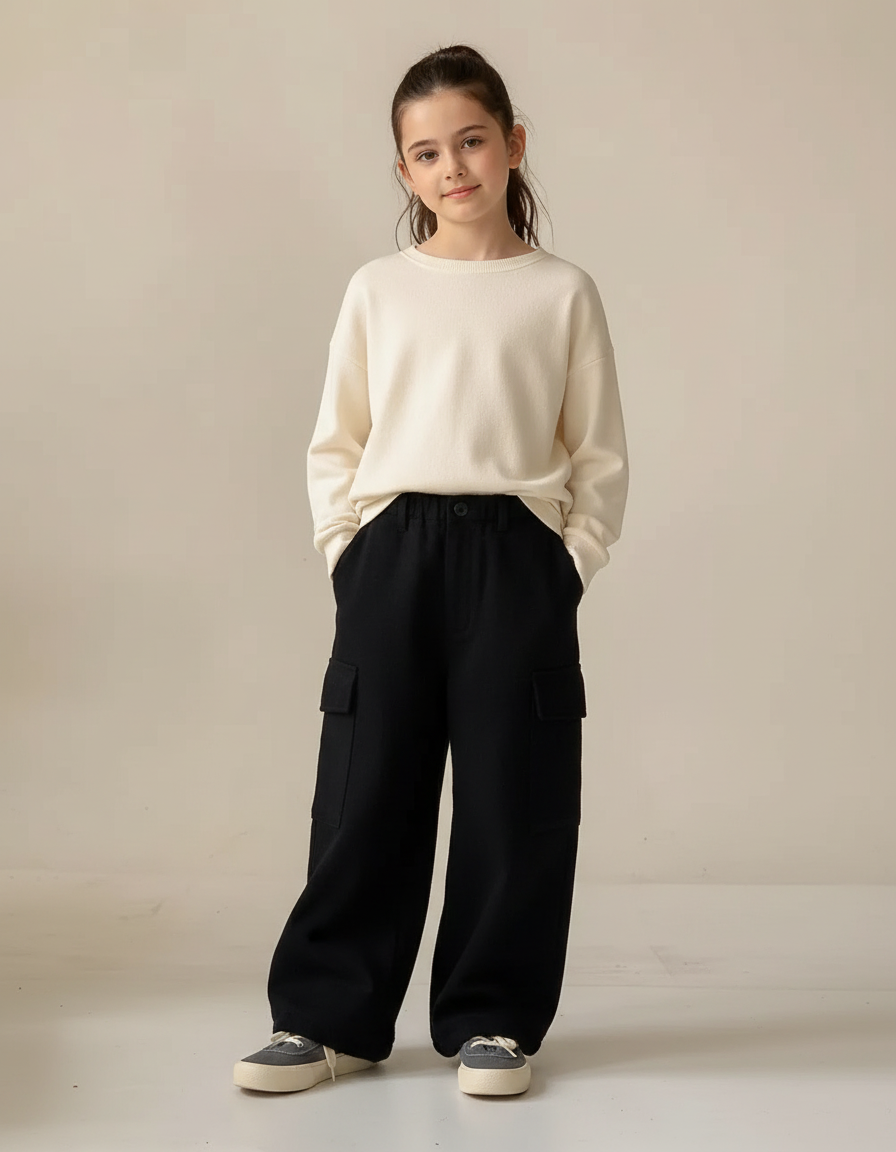 Pantalon Cargo Noir Ample Polaire Poches Enfant - Molleton