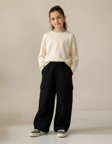 Pantalon Cargo Noir Ample Polaire Poches Enfant - Molleton