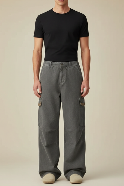 Pantalon Cargo Gris Coton Ample Multipoches Homme - Toile
