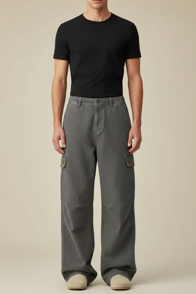 Pantalon Cargo Gris Coton Ample Multipoches Homme - Toile