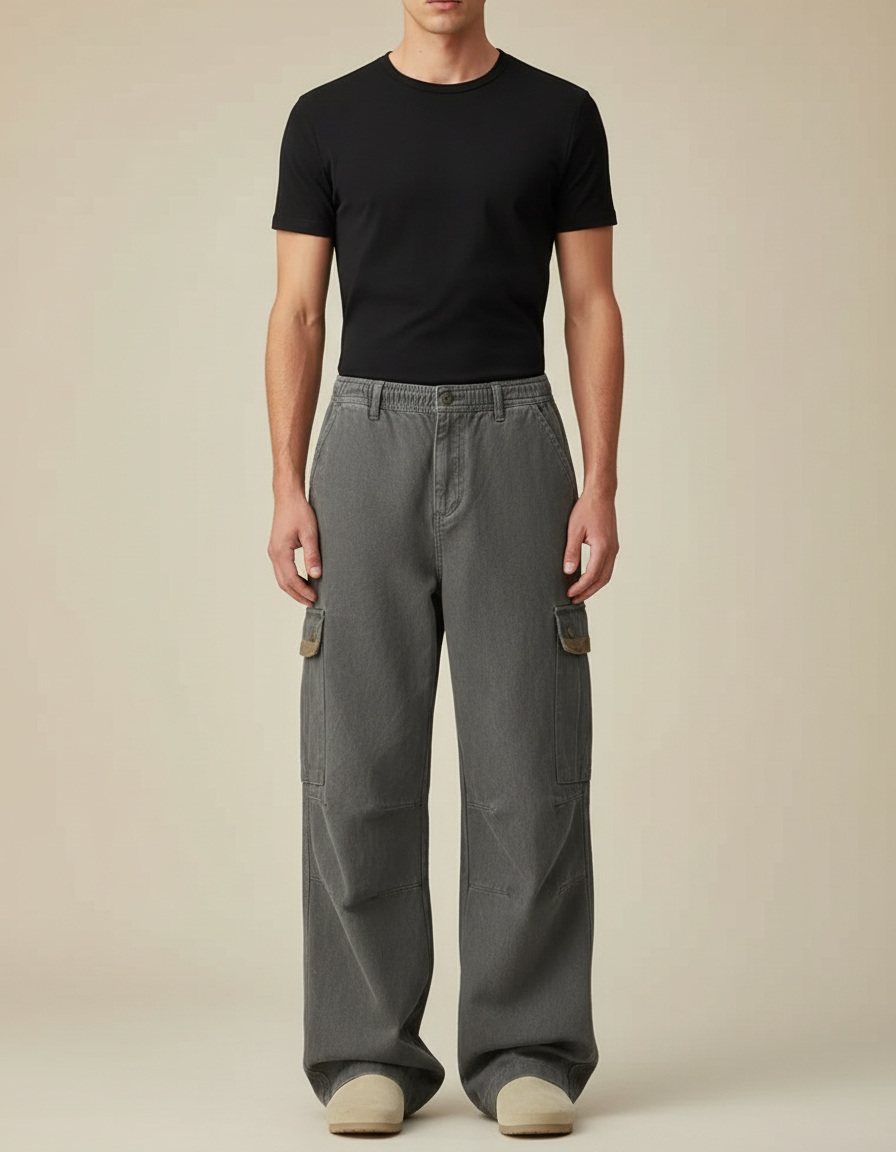 Pantalon Cargo Gris Coton Ample Multipoches Homme - Toile