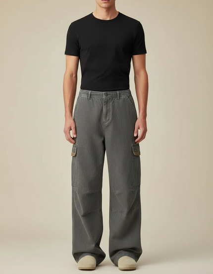 Pantalon Cargo Gris Coton Ample Multipoches Homme - Toile