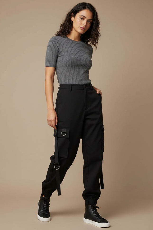 Pantalon Cargo Noir Fluide Multipoches Streetwear Femme - Gabardine