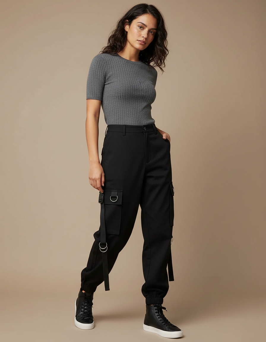 Pantalon Cargo Noir Fluide Multipoches Streetwear Femme - Gabardine