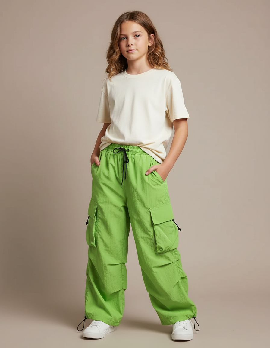 Pantalon Cargo Vert Fluorescent Ample Multipoches Enfant - Polyester