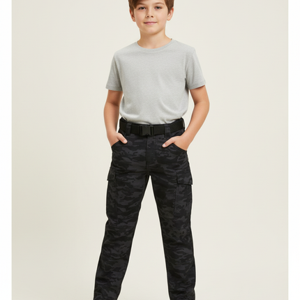 Pantalon Cargo Garçon Camouflage Noir Multipoches Décontracté Urbain - Toile