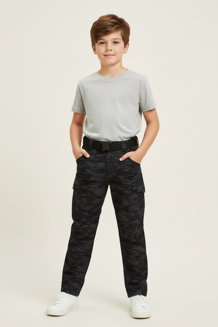 Pantalon Cargo Garçon Camouflage Noir Multipoches Décontracté Urbain - Toile
